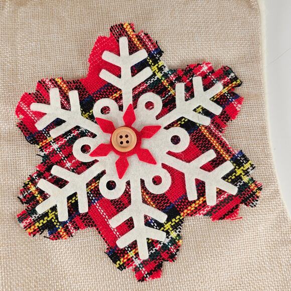 Plaid Snowflake Christmas Stocking 15" Red Beige Button Accent Hanging Loop - Picture 3 of 11